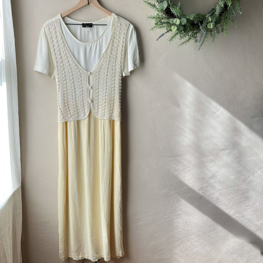 Vintage 90s Yellow Gingham Beaded Maxi Dress